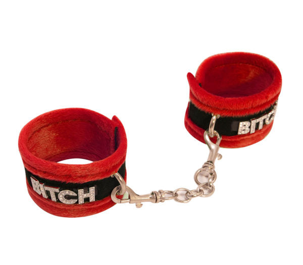 Han016D Fluffy Diamanté Bitch Wrist Restraints Red - Club X